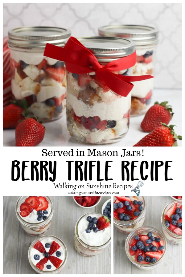 Berry Trifle Recipe served in Mason Jars wrapped in red ribbon