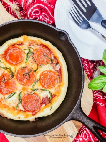 Cast Iron Pan Pizza baked and ready to serve from Walking on Sunshine Recipes