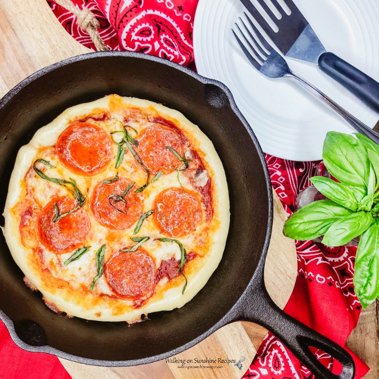 Cast Iron Pan Pizza baked and ready to serve from Walking on Sunshine Recipes