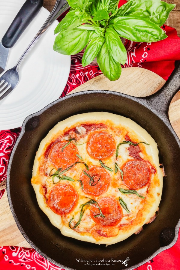 Cast Iron Pan Pizza with pepperoni from Walking on Sunshine Recipes