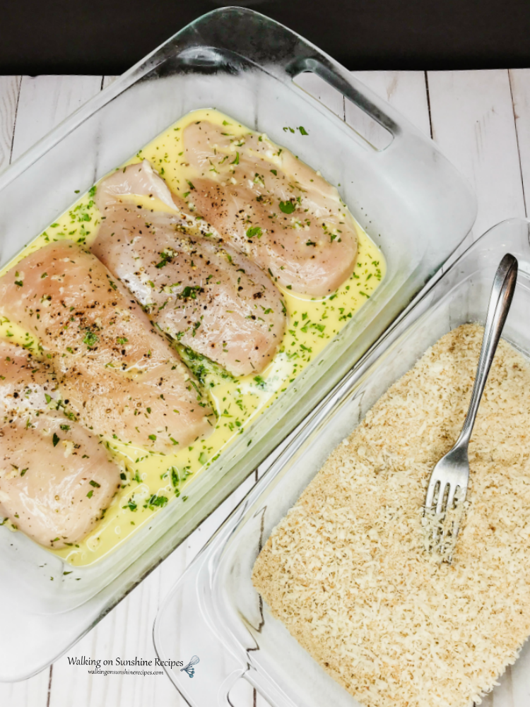 One Pan Chicken and Potatoes. is an easy sheet pan recipe your family is going to love. Crispy chicken with baby red potatoes is perfect for dinner tonight from Walking on Sunshine Recipes. Marinaded chicken ready to be dipped in Breadcrumbs and Parmesan Cheese mixture