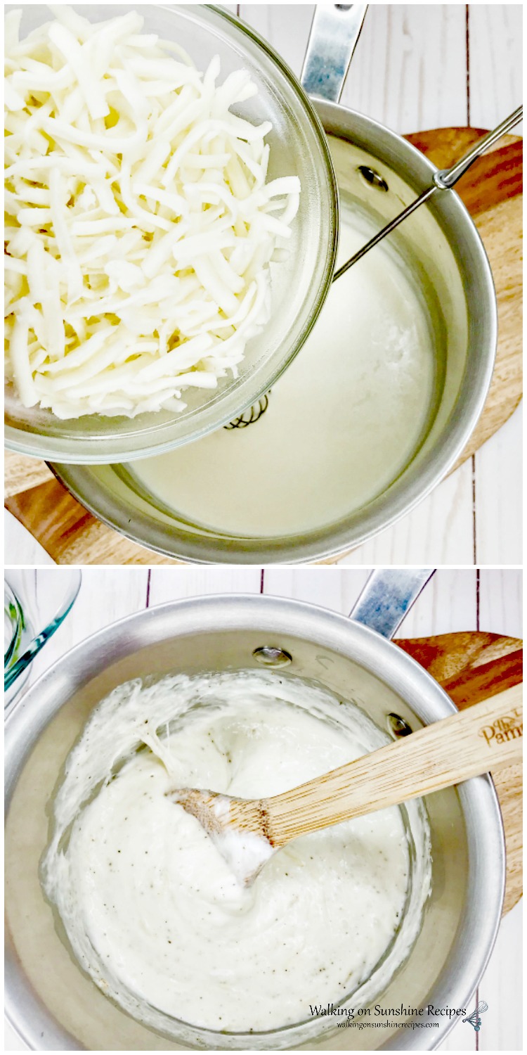 Add cheese to cream sauce for Cheesy Zucchini Casserole