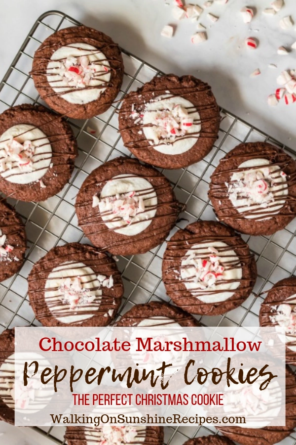 Chocolate Marshmallow Peppermint Cookies on baking rack. 
