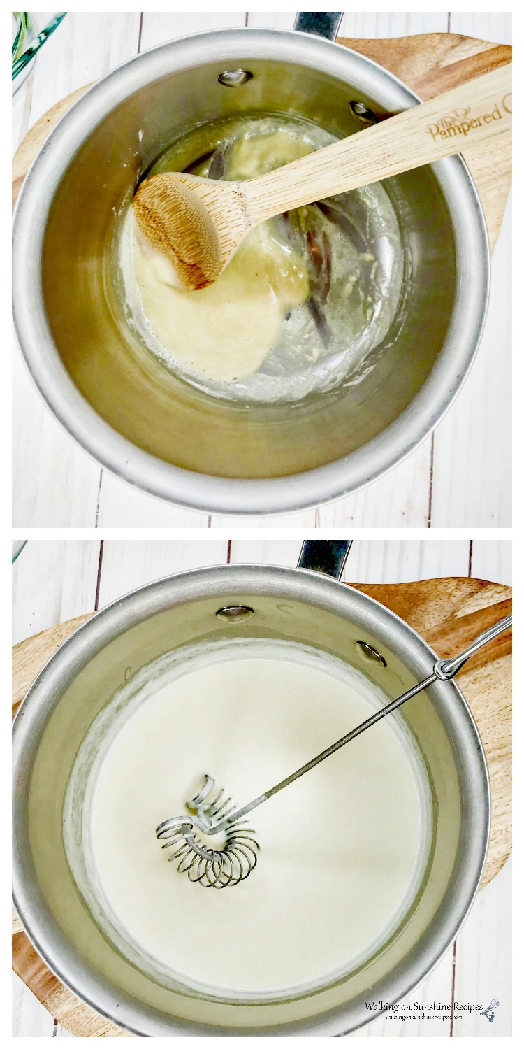 Whisk butter into flour and slow whisk in half and half