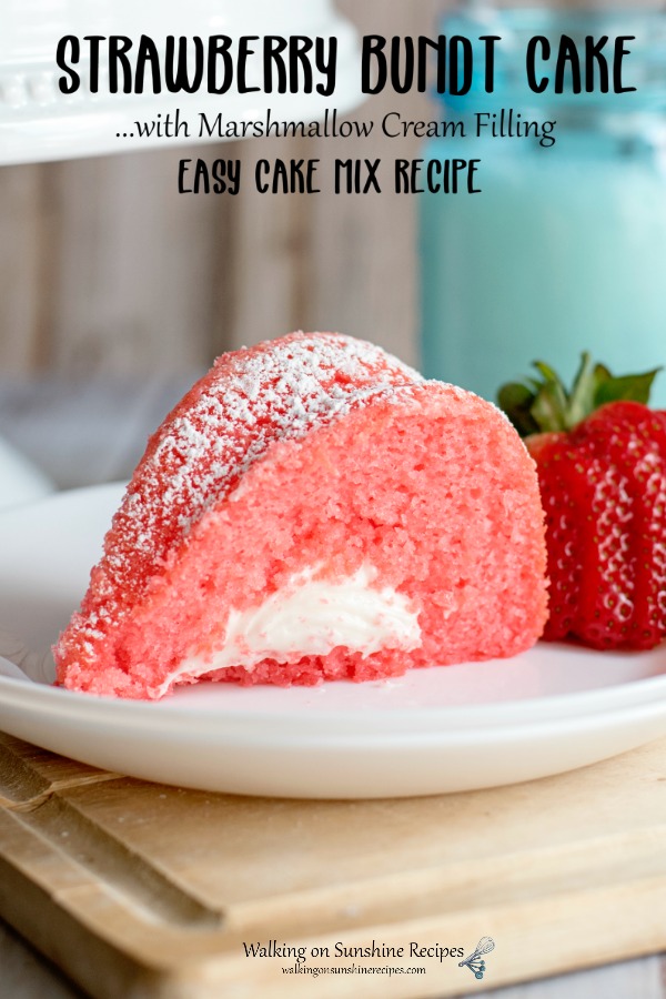 Slice of Strawberry Bundt Cake with Marshmallow Filling