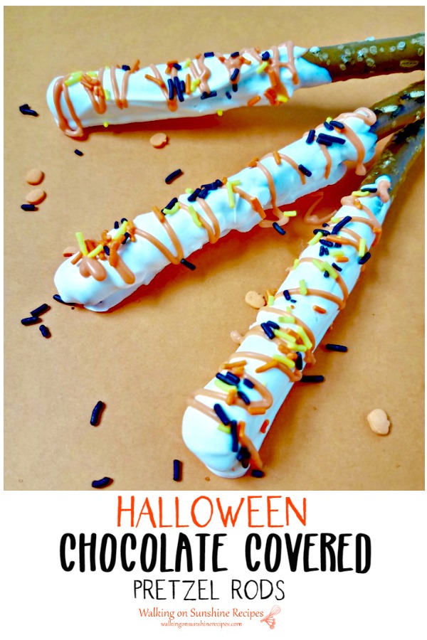 Halloween Chocolate Covered Pretzel Rods are the perfect sweet and salty treat to make for school parties or just for family and friends from Walking on Sunshine Recipes Chocolate Covered Pretzel Rods perfect for Halloween from WOS