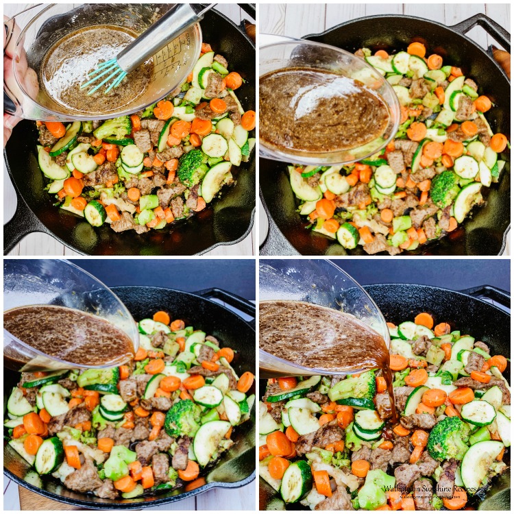Easy Beef Ramen Stir Fry is a quick budget-friendly meal your family is going to love made with a homemade sauce and ready in 20 minutes from Walking on Sunshine Recipes. Add sauce to beef and veggies in cast iron pan