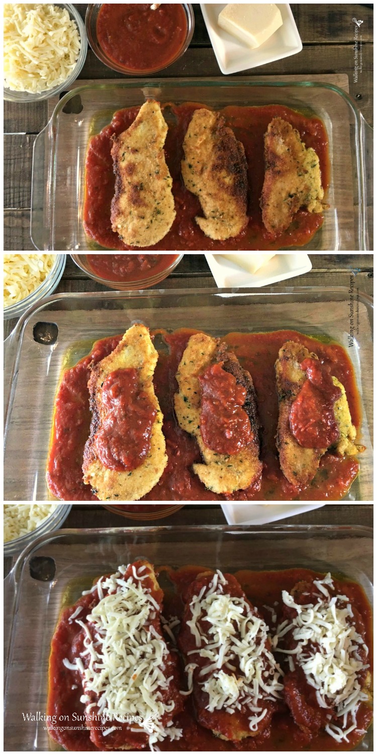 Adding sauce and cheese to chicken cutlets for Chicken Parm