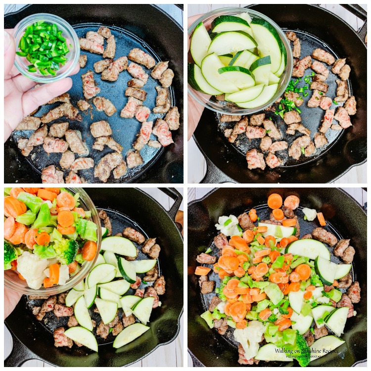 Cooking the beef strips and veggies for Beef Ramen Stir Fry