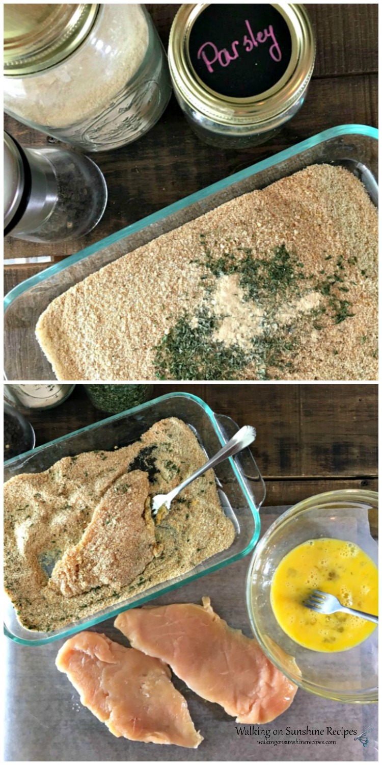 Dredging chicken cutlets in egg and then in breadcrumbs