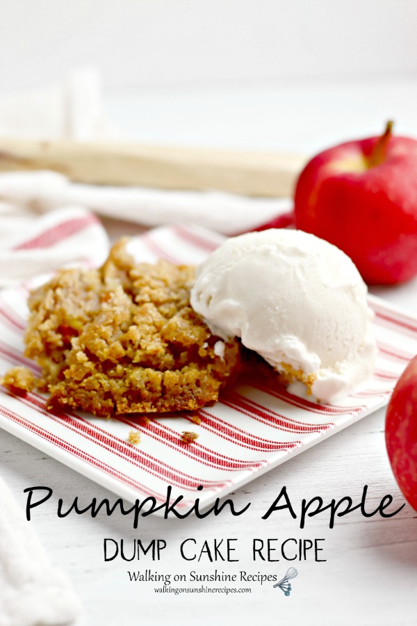 Pumpkin Apple Dump Cake with vanilla ice cream on red striped plate.