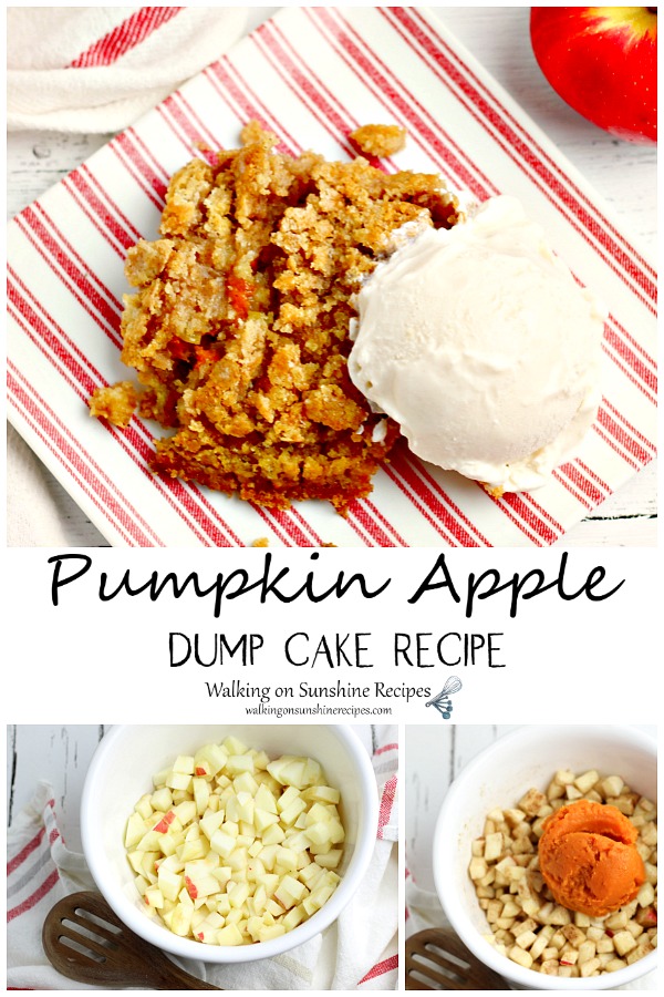 Pumpkin Apple Dump cake cooked and with ice cream alongside a bowl of chopped apples.