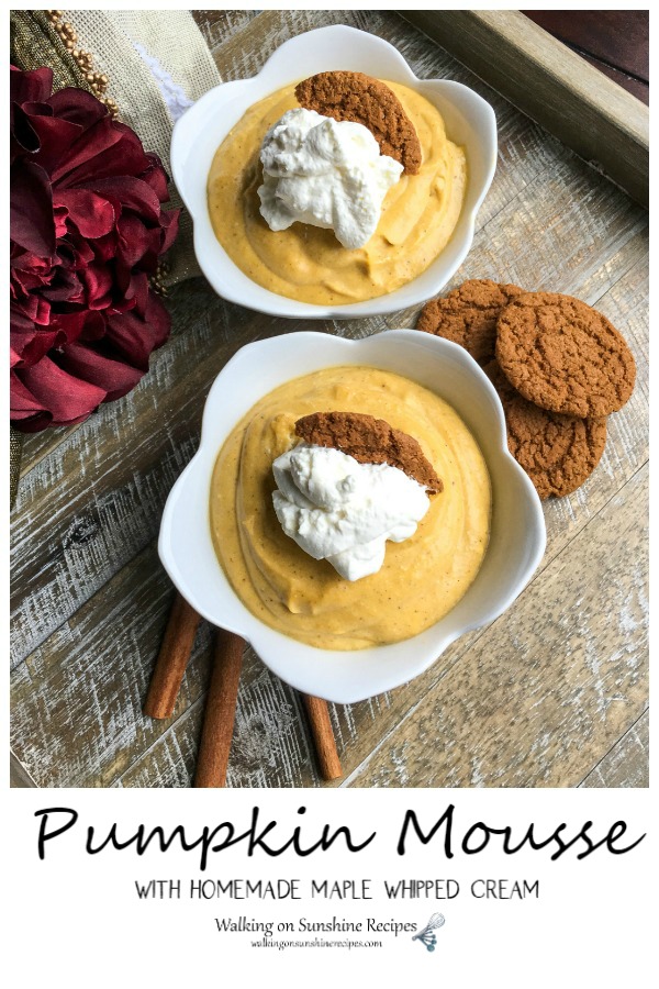 Pumpkin mousse in white bowls and homemade maple syrup. 