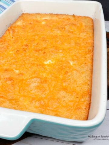 Cheesy Corn Pudding Casserole FEATURED photo from Walking on Sunshine Recipes