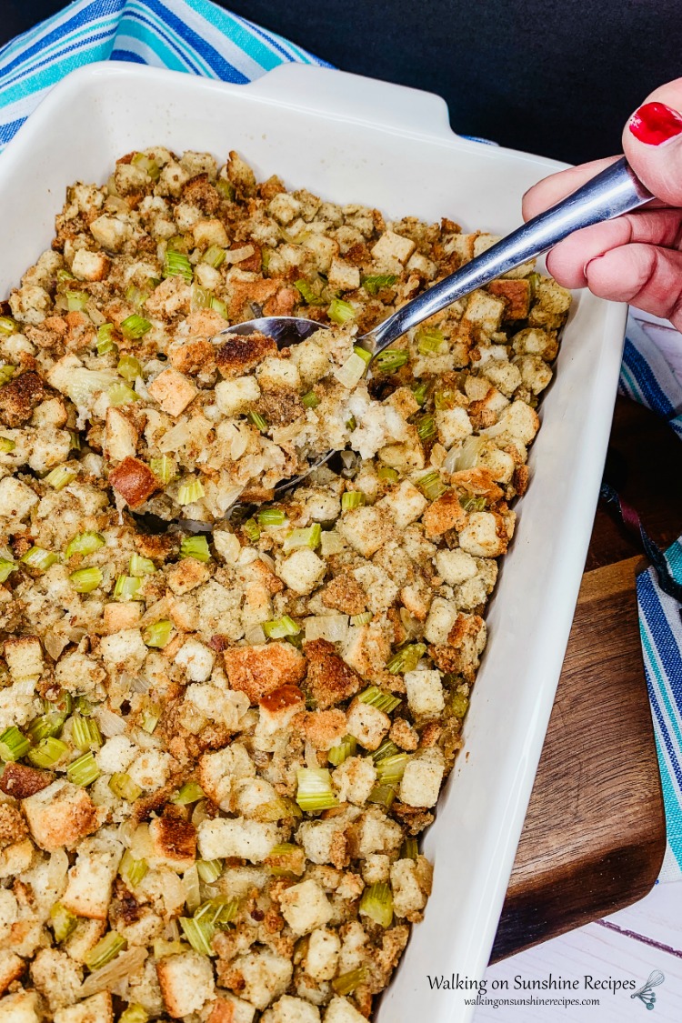 Classic Stuffing Recipe baked in casserole dish