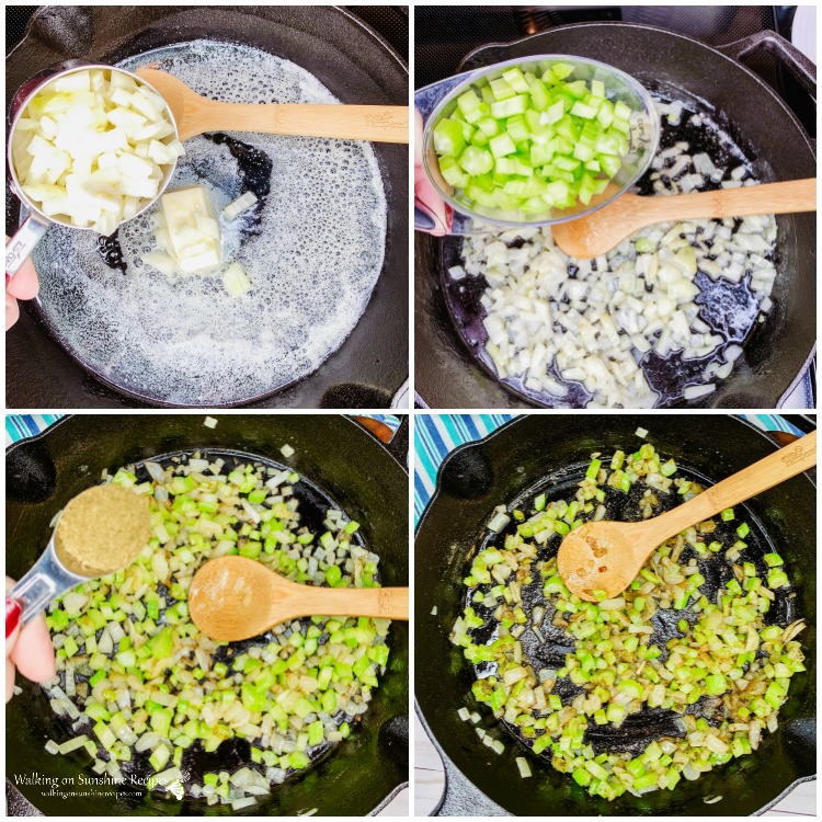 Cooking onions and celery in butter in cast iron pan from Walking on Sunshine Recipes