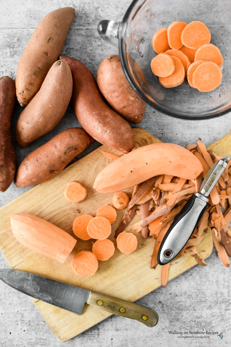 Candied Sweet Potatoes area a side dish staple for a successful holiday celebration. Step-by-step instructions with prep ahead tips included as well from Walking on Sunshine Recipes. Peel Sweet Potatoes for Candied Sweet Potatoes Recipe
