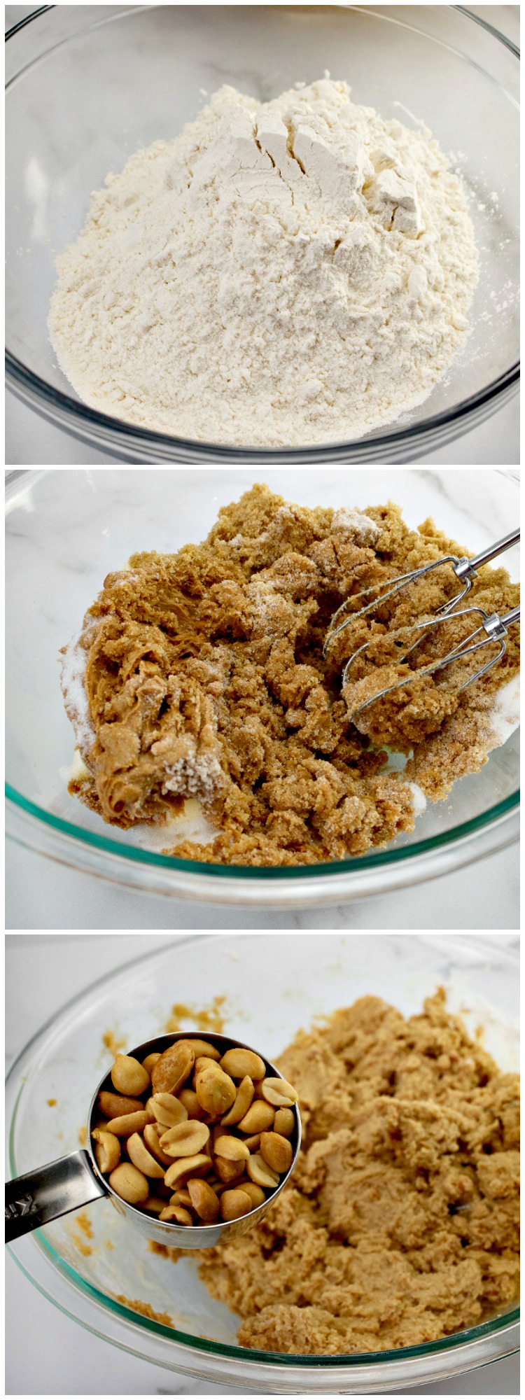Add dry ingredients to wet ingredients for Chunky Peanut Butter Cookies