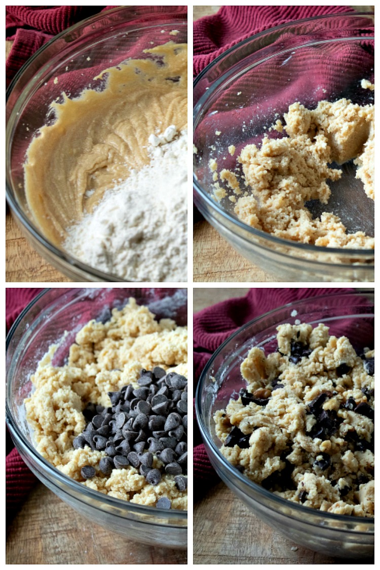 Process photos of Walnut Chocolate Chunk Cookies in glass mixing bowl.