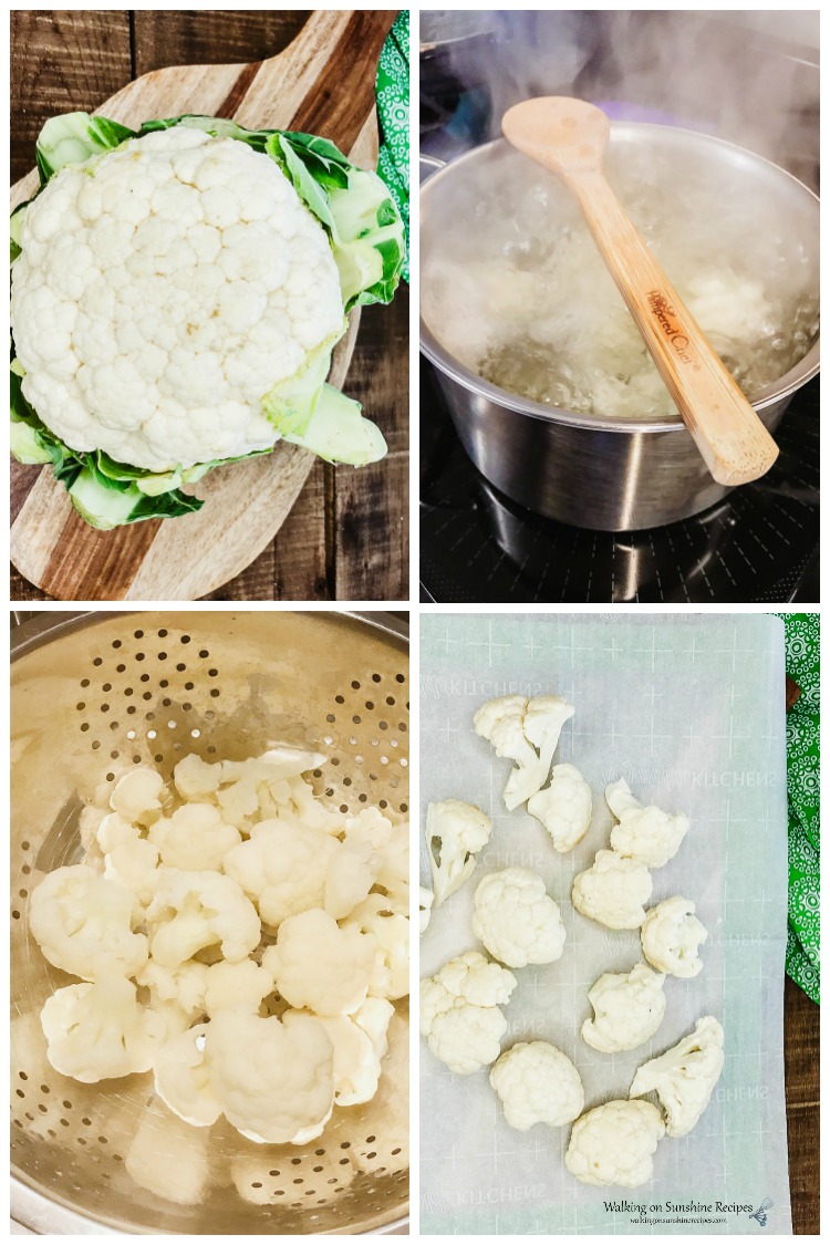 Boiling cauliflower in water and draining for Smashed Loaded Cauliflower Bites