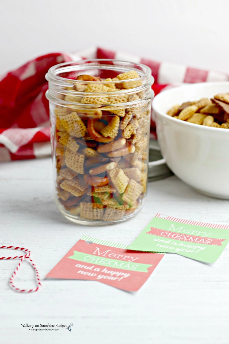 Chex Mix in a small mason jar with bowl 