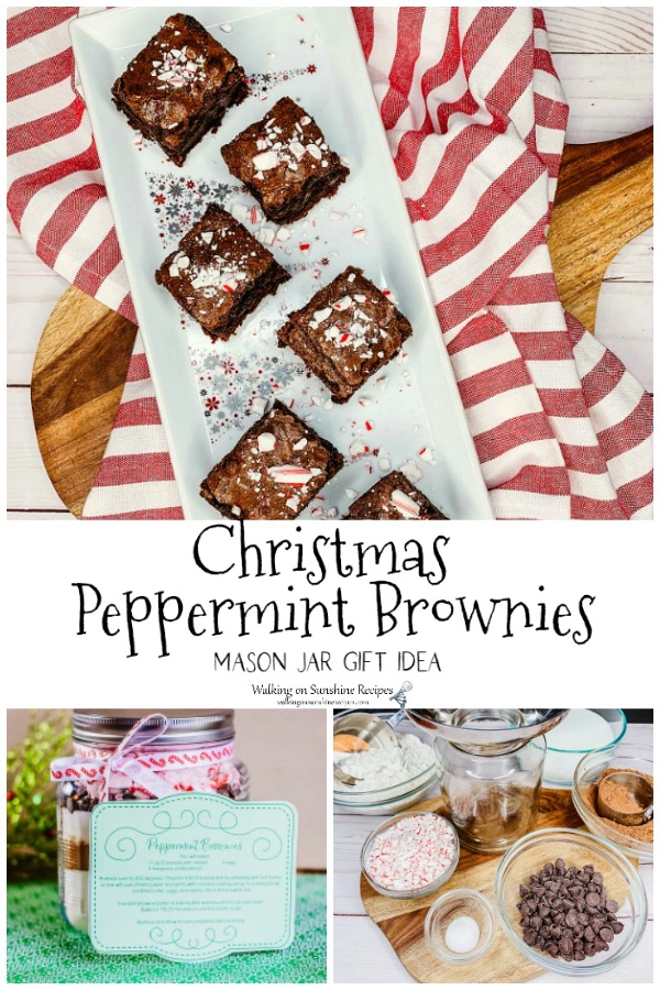 Christmas Peppermint Brownies baked on tray and as mix ingredients in mason jar. 