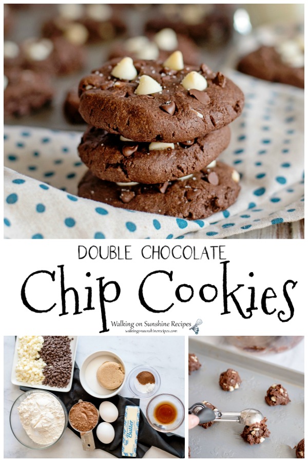 Double Chocolate Chip Cookies Recipe - Soft, chewy and full of two kinds of chocolate chips are sure to please all the chocolate lovers in your life. from Walking on Sunshine Recipes Double Chocolate Chip Cookies with white and semi-sweet chips.