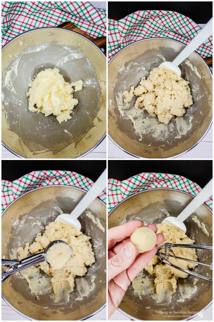 Forming the dough for shortbread thumbprint cookies using a KitchenAid mixer. 