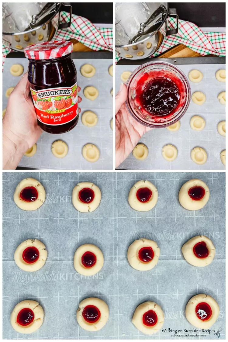 Filling raspberry thumbprint cookies with seedless jam. 