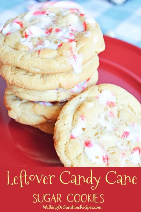 Leftover Candy Cane Cookies are a great way to take red and white striped candies and turn them into a delicious white chocolate chip sugar cookie from Walking on Sunshine Recipes. Leftover Candy Cane Sugar Cookies with White Chocolate Chips from WOS on red plate