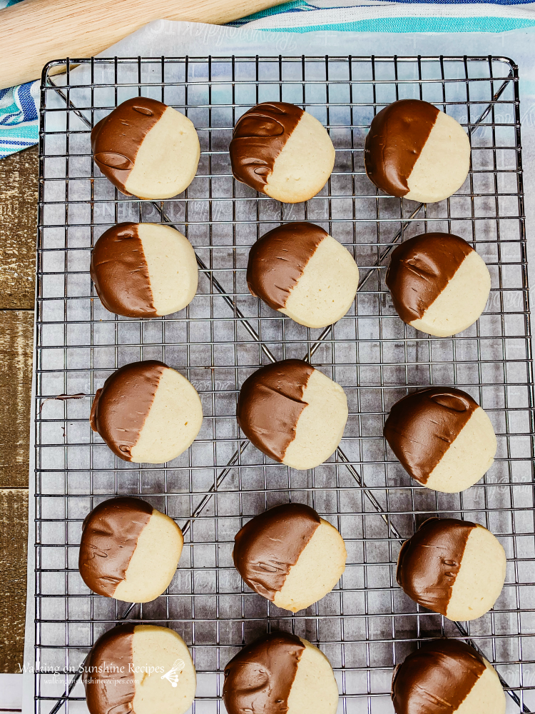 Slice and Bake Shortbread Cookies dipped in Melted Chocolate on Baking Rack