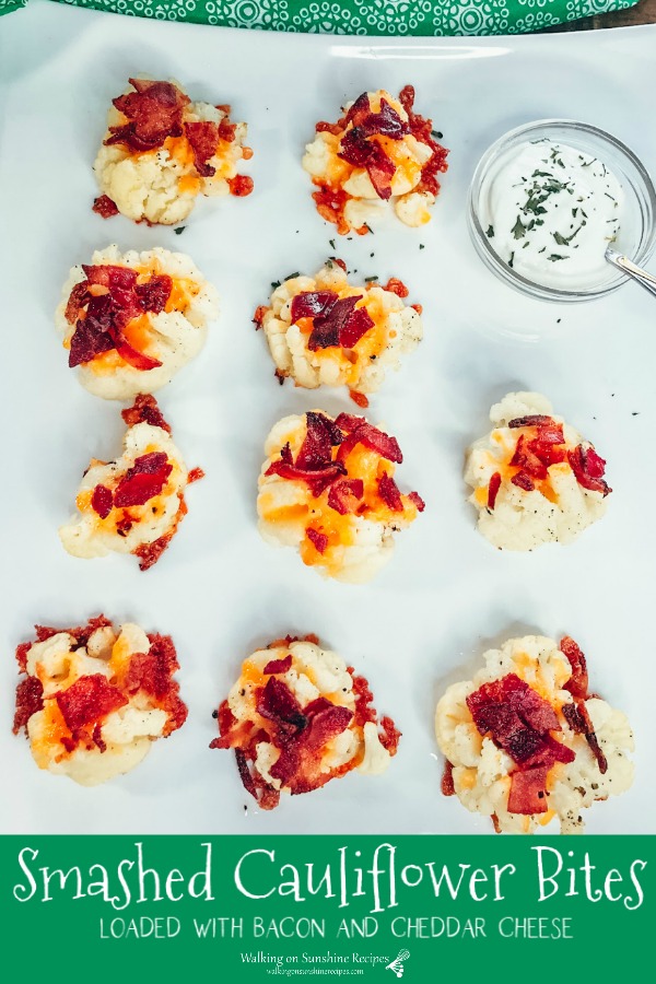 Smashed Cauliflower Bites loaded with cheddar cheese and bacon from WOS
