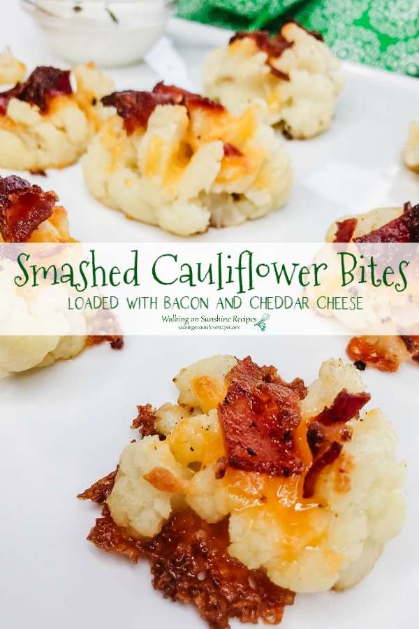 Smashed Cauliflower Bundles topped with cheddar cheese and bacon. 