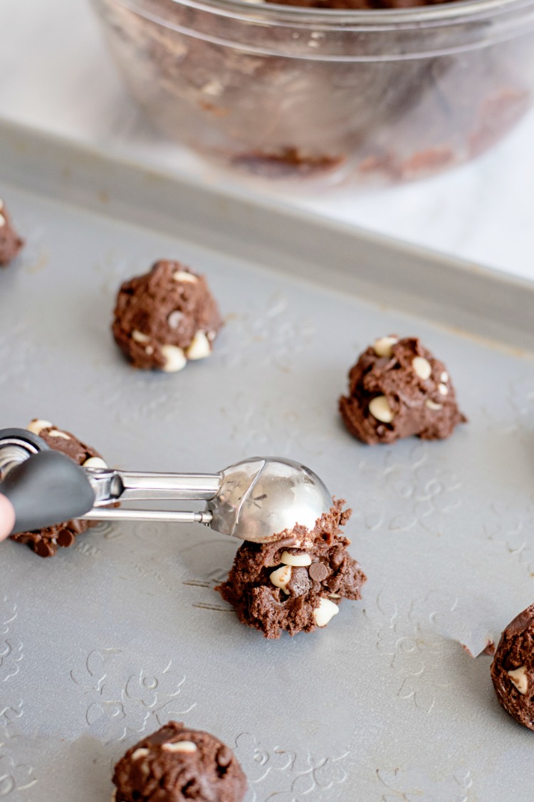 Use a cookie scoop to drop cookie dough on baking sheets