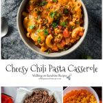 Cheesy Chili Pasta is loaded with pasta, meat and of course plenty of cheese. Your family is going to love this one pot casserole for dinner from Walking on Sunshine Recipes. #casserole #chilipasta #cheese #chili #pasta