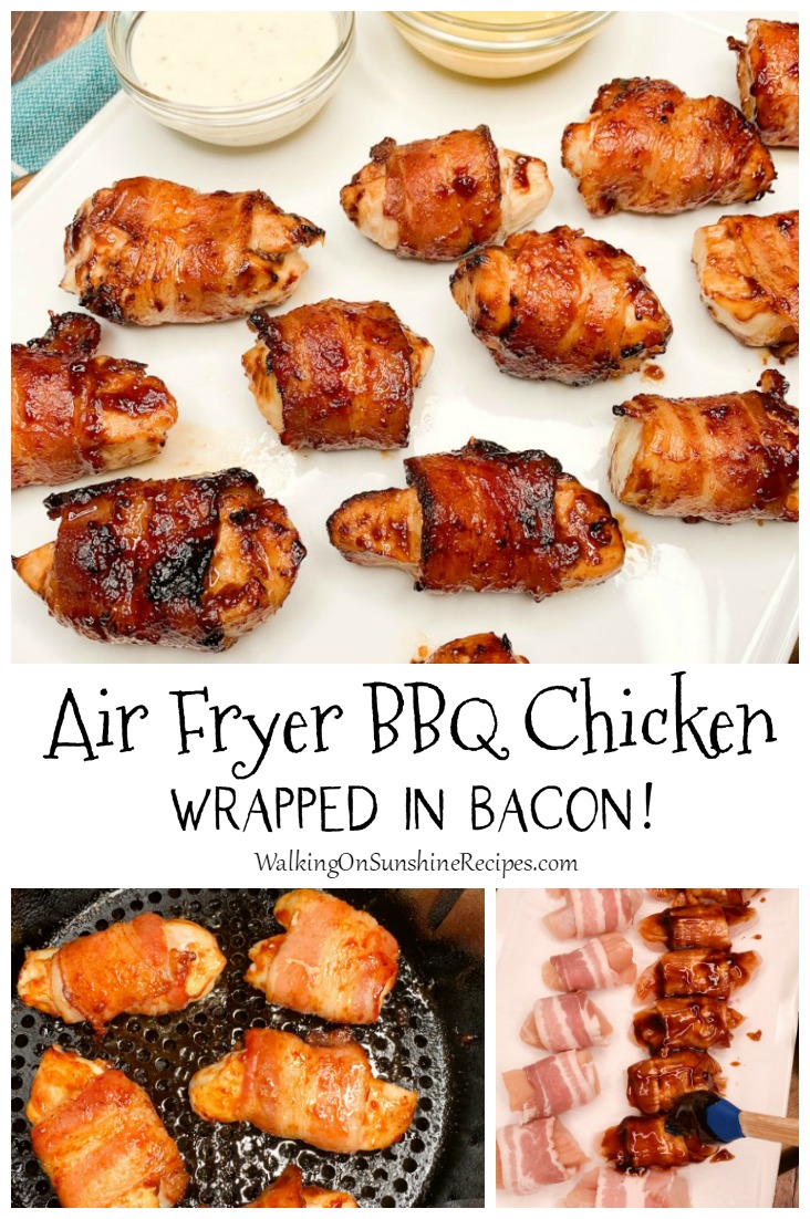 air fryer bbq chicken breast made with brown sugar and wrapped in bacon. 