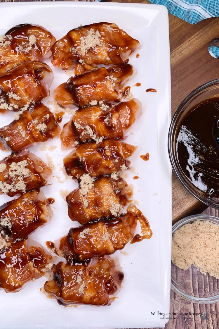 Chicken Bites wrapped in bacon and brushed with barbecue sauce for Air Fryer Chicken Bites
