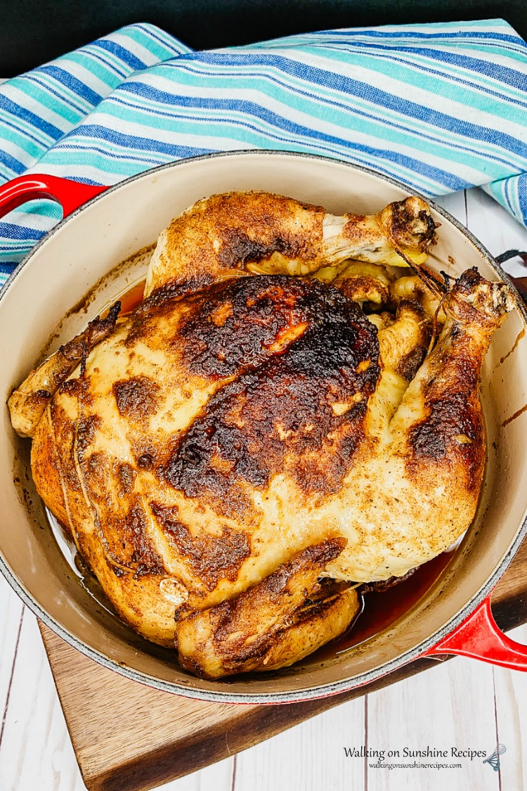Dutch Oven Roasted Whole Chicken cooked and ready to serve