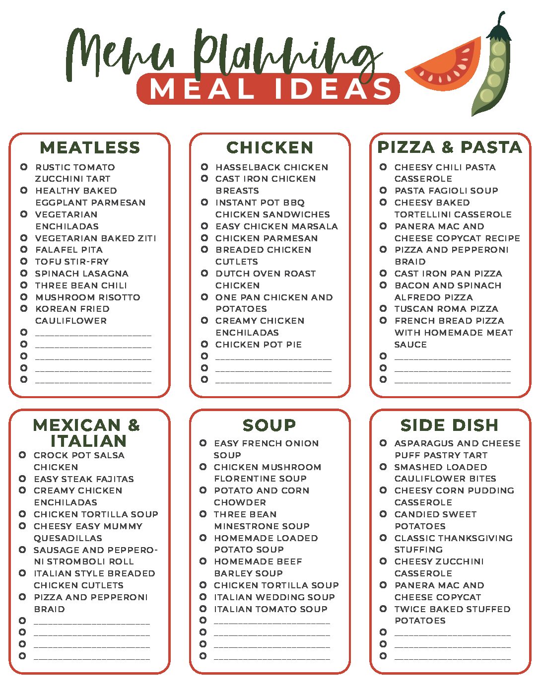 Dinner Idea List Printable