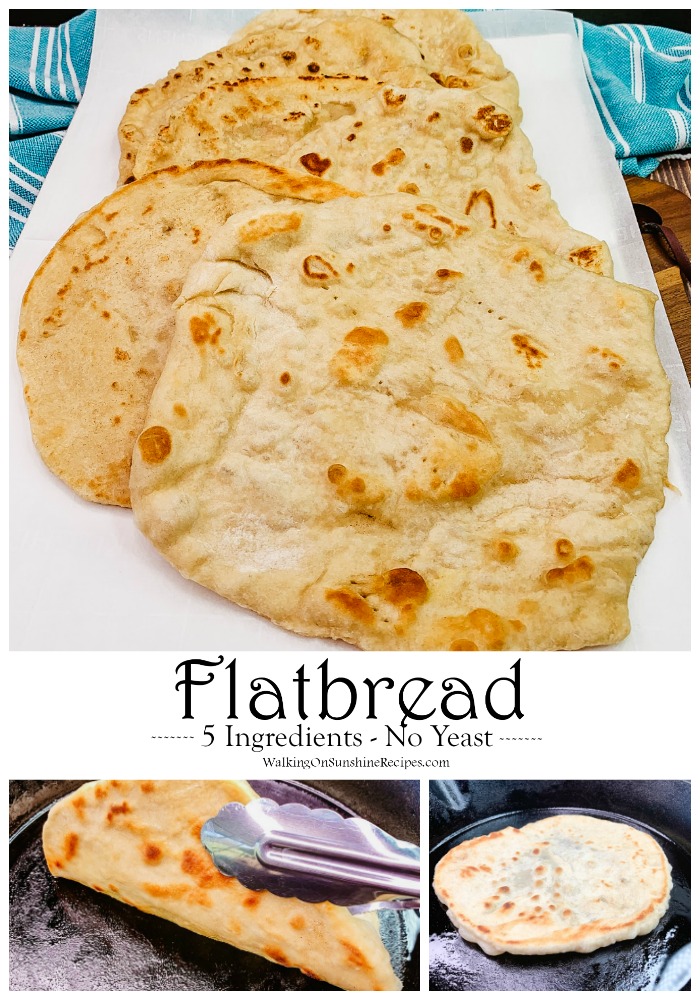 Flatbread recipe on white platter and in cast iron skillet. 