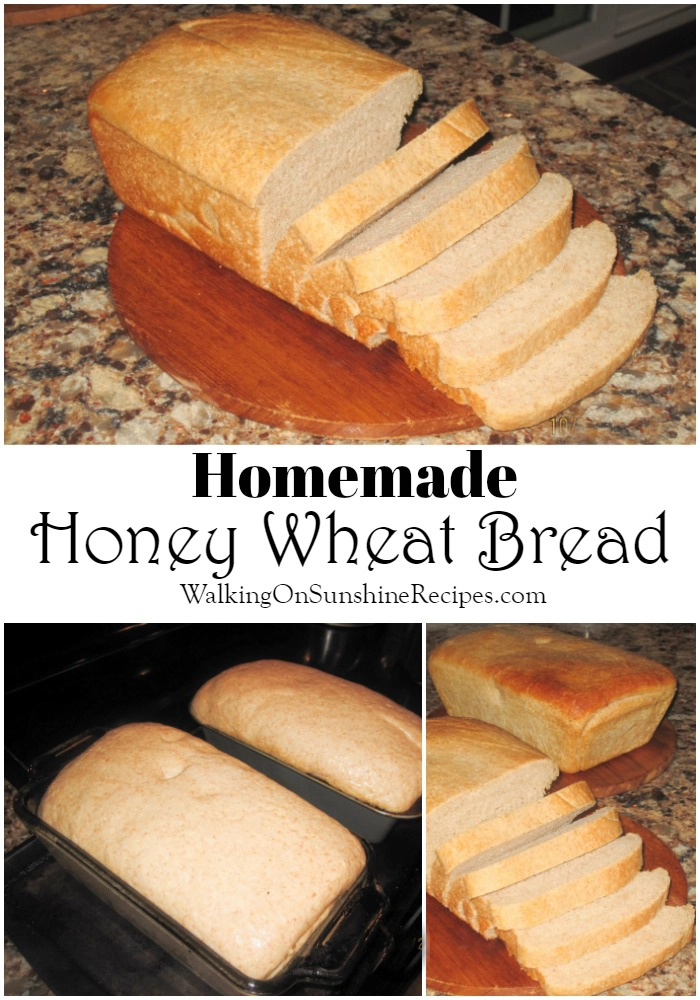 Homemade Honey Wheat Bread in baking pans ready for oven and baked on cutting board. 