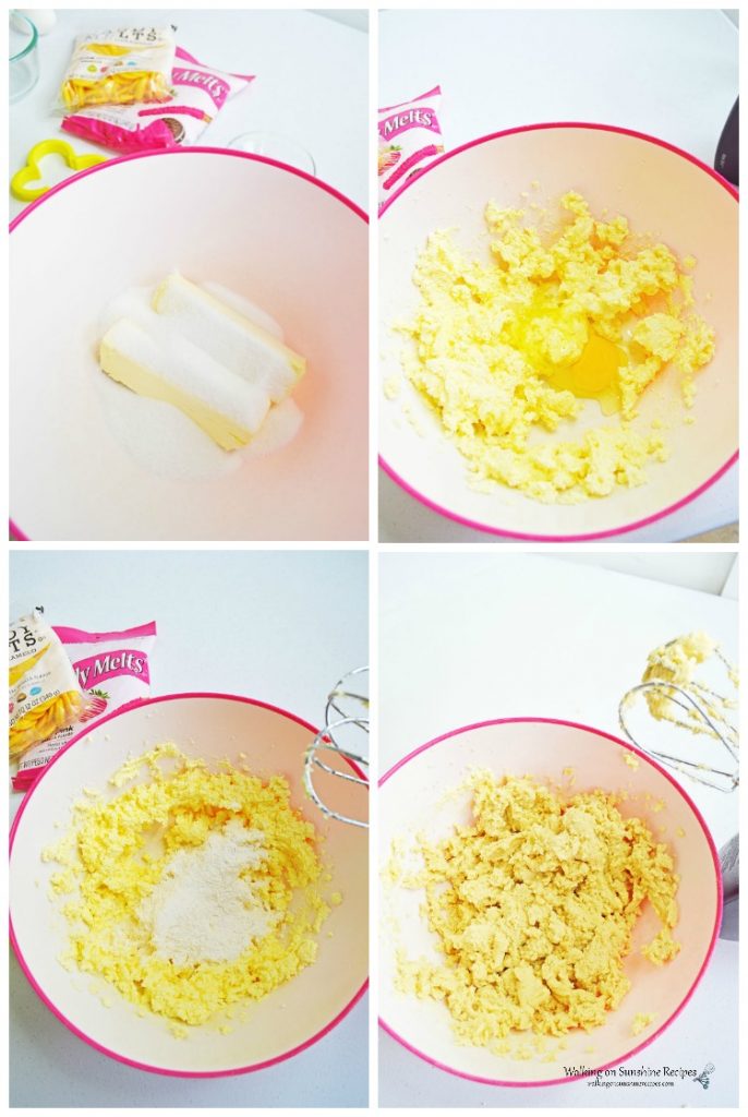 Making sugar cookies in mixing bowl.