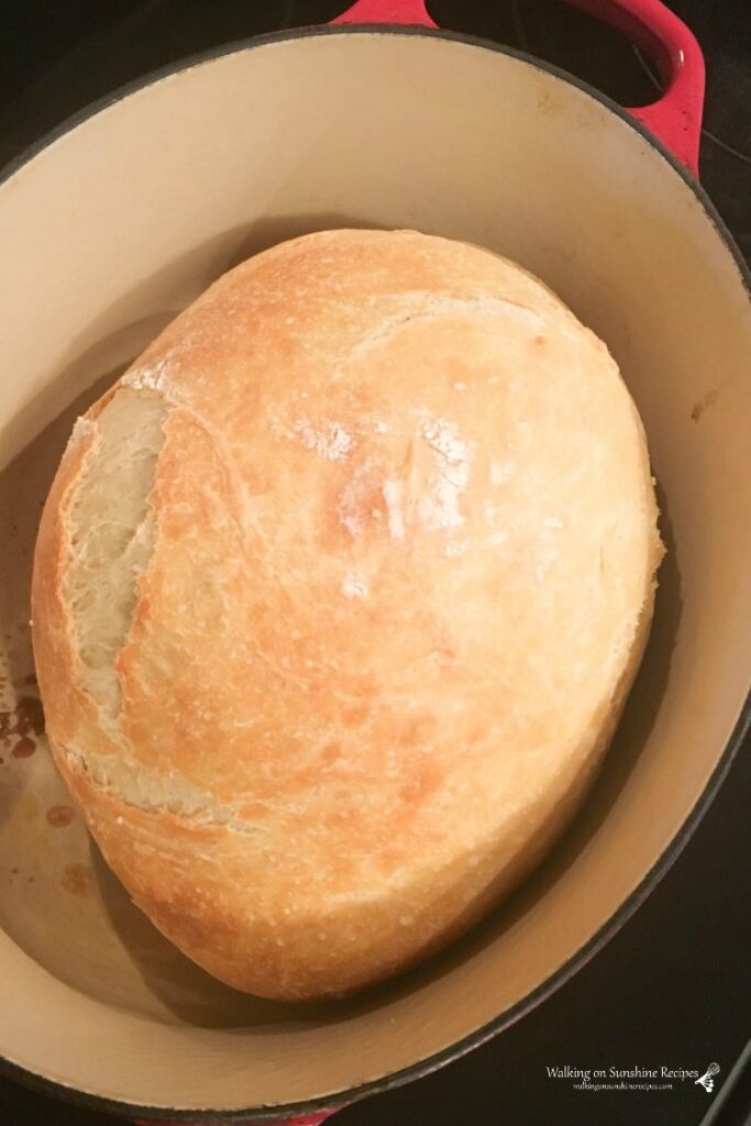No Knead Bread baked in a Dutch Oven.