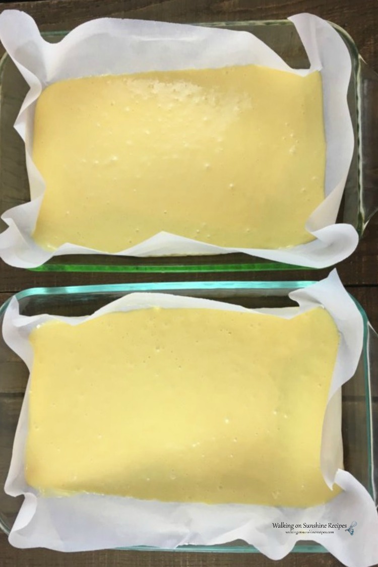 Vanilla cake batter divided between two baking pans.