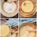 collage photo of muffin batter in stainless steel bowls.