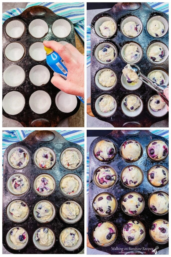 Blueberry Muffins in muffin pan before and after baking. 