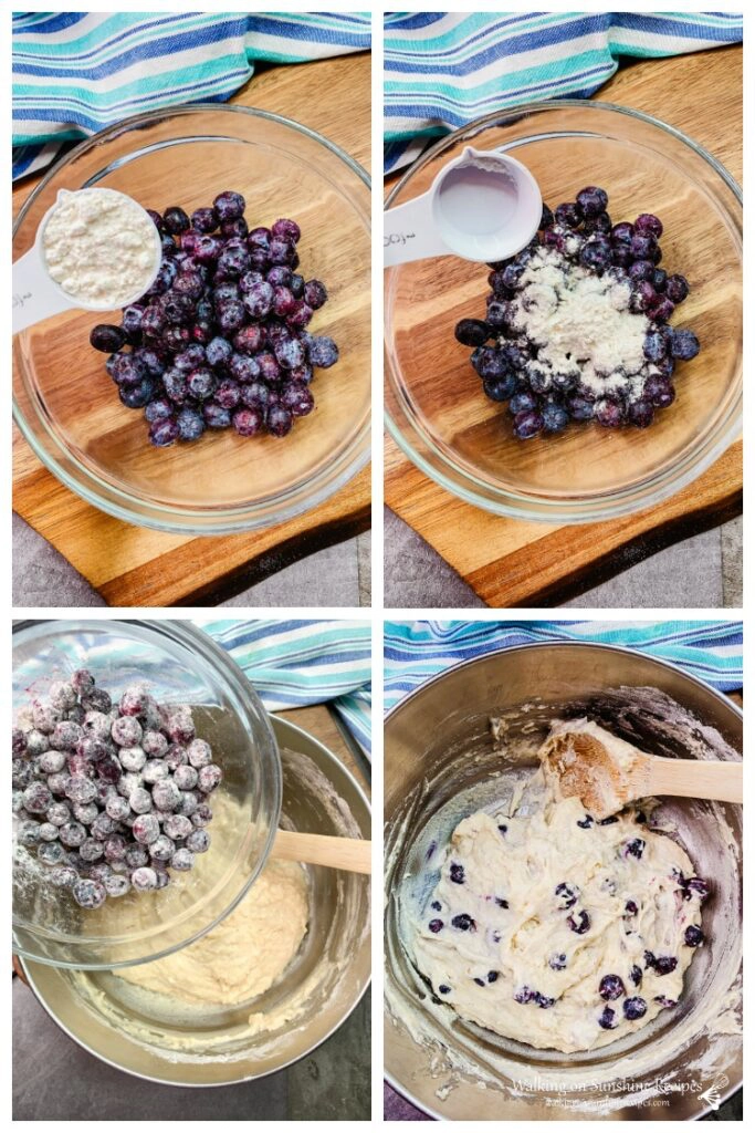 Combining flour to fresh blueberries and adding blueberries to muffin mix