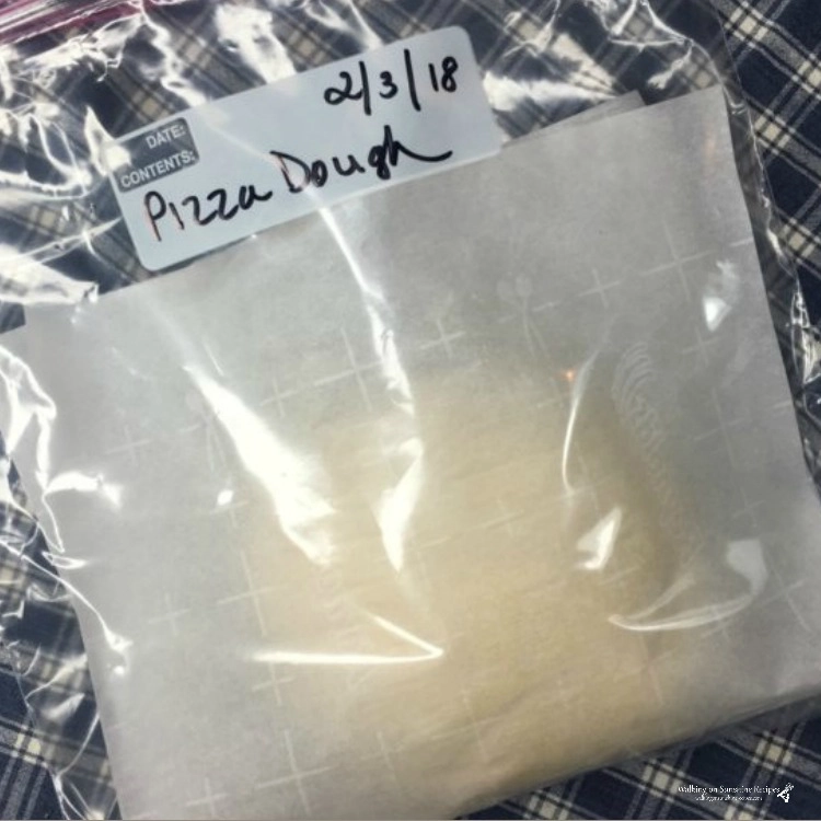 One loaf of homemade pizza dough ready for the freezer in plastic bag. 