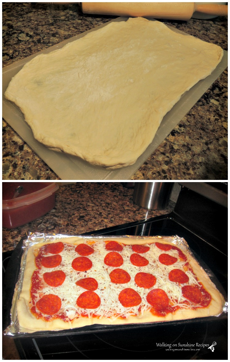 Homemade pizza dough made into pizza with marinara sauce, pepperoni and mozzarella cheese. 