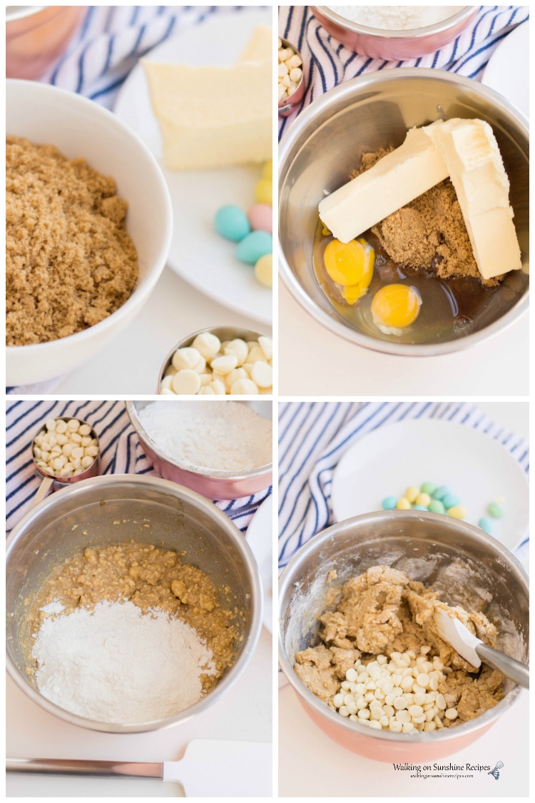 Adding the ingredients to the mixing bowl for Candy Cookie Bars. 
